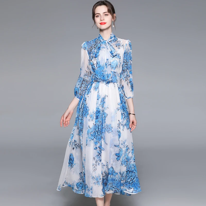 ZUOMAN Women Summer Elegant Blue Chiffon Dress Festa High Quality Long Party Robe Femme Vintage Bow Designer A-Line Vestidos