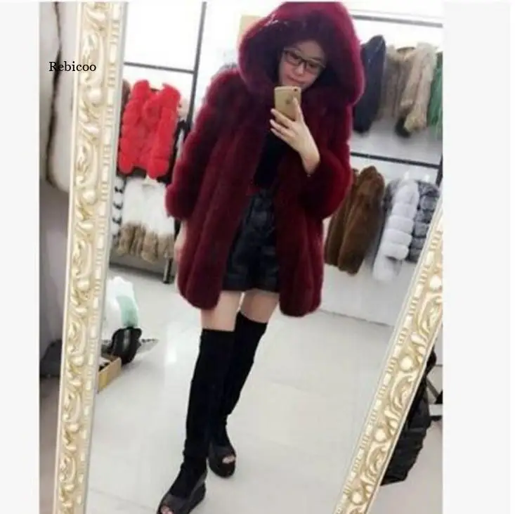 Winter New Luxury Faux Silver Fox Fur Coat Women Hooded Front Zipper Furry Warm Winter Faux Fur Jacket Office Lady Fur Coats