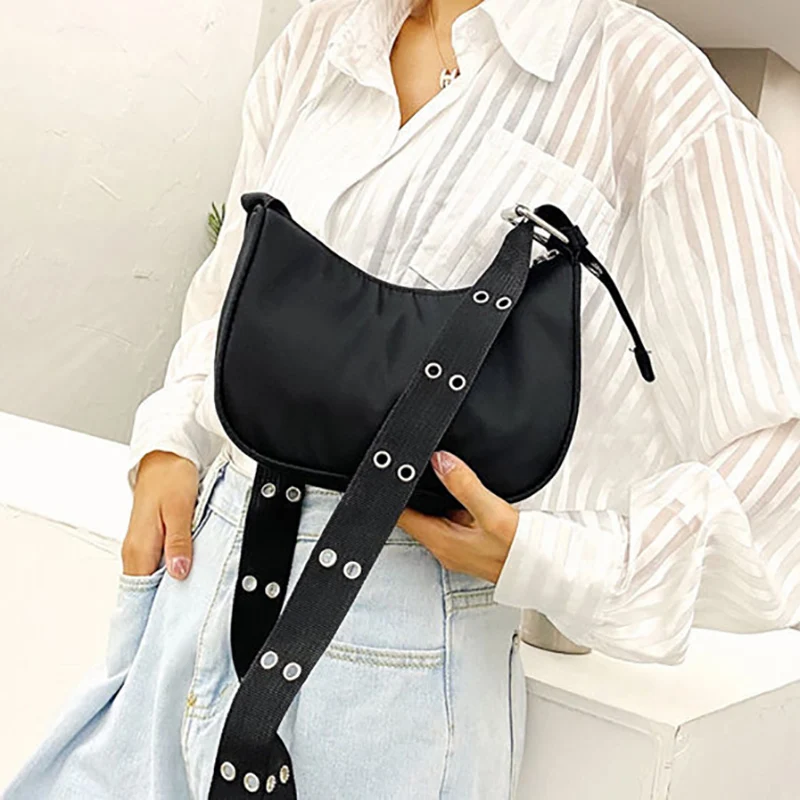 Casual Shoulder Bags For Women Black Waterproof Nylon Crossbody Bag Cool Girls Underarm Handbag Purse