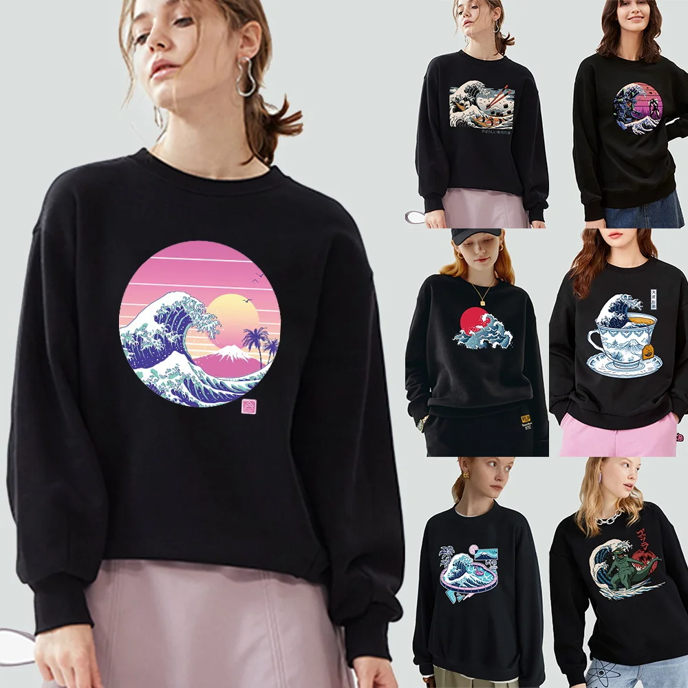 Sudadera informal de manga larga para mujer, jersey con cuello redondo y estampado de patrón de onda, sudadera suave negra para ir al trabajo, ropa