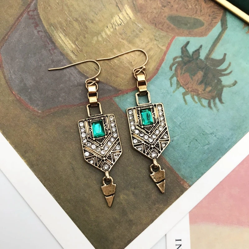 Vintage Rhinestone Dangle Earrings Geometric Alloy Green Triangle Pendant Charm Jewelry For Women