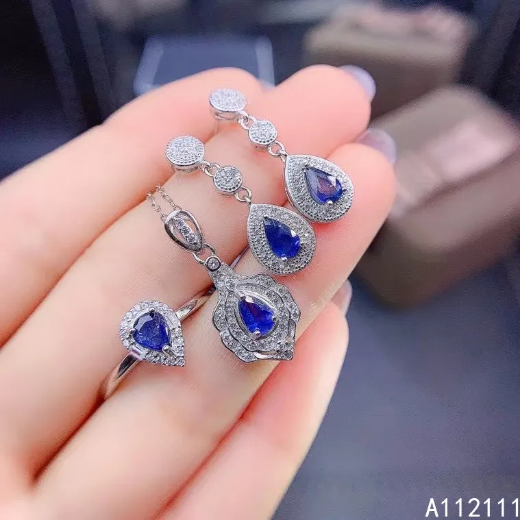 

Fine Jewelry 925 Pure Silver Inset With Natural Gem Women's Luxury Exquisite Water Drop Sapphire Pendant Ring Earring Set Suppor