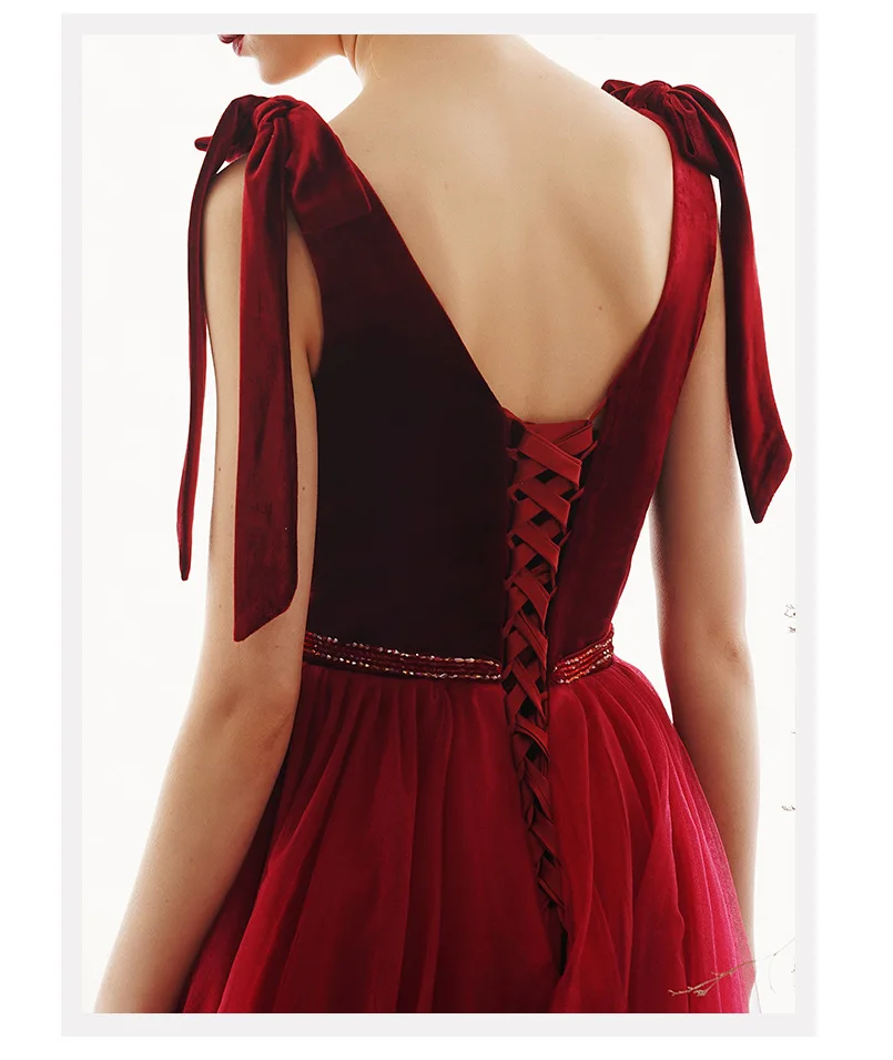 Elegant Red พรหมกับ V คอกำมะหยี่ซาตินและเส้นด้ายสุทธิ Bowknot ลูกไม้ชุดราตรี Custom Made Party Gowns