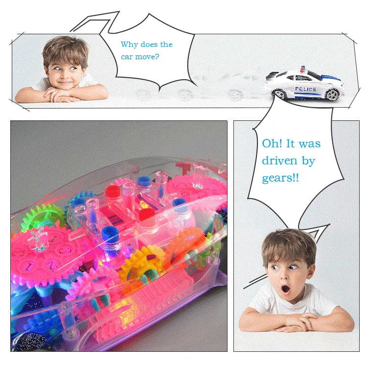 Transparent Gear Concept Car With Lights Music Toys Universal Wheel Transformation Toy Simulation Model Xmas New Year Kid Gift