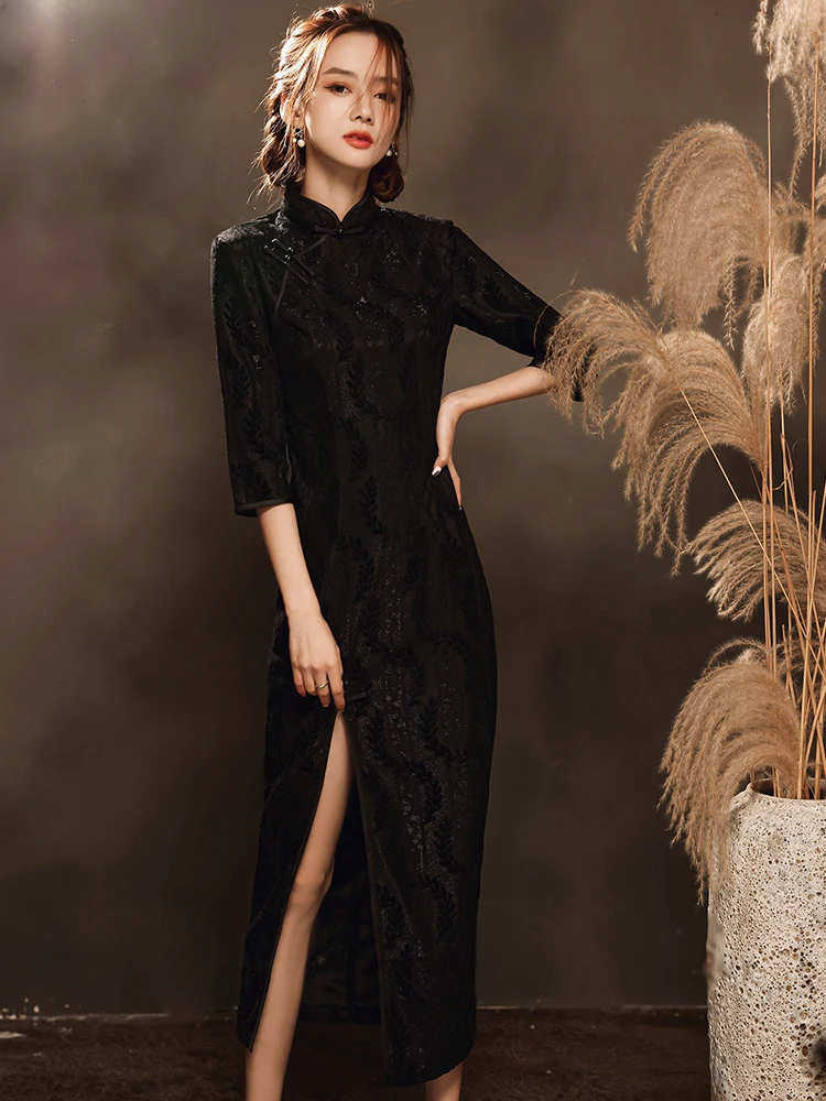 Oriental Dress Black Lace Cheongsams Plus Large Size Qipao Dresses Long  Sleeve Modern Wind Long Cheongsam Dress Woman Costume - AliExpress 200000532