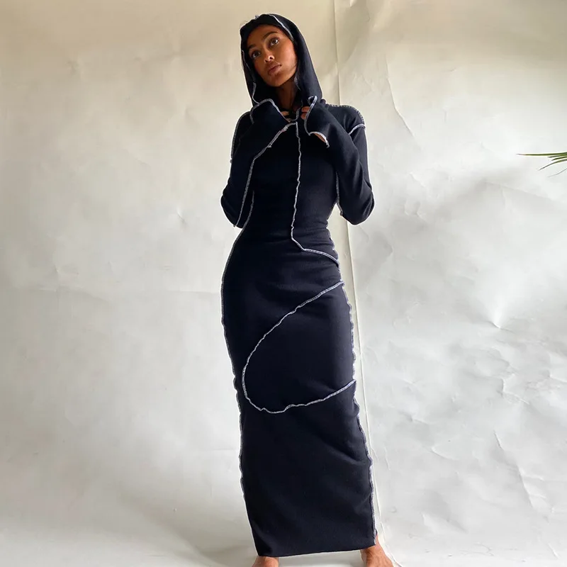 2023 Long Sleeve Hooded Patchwork Skinny Maxi Dress