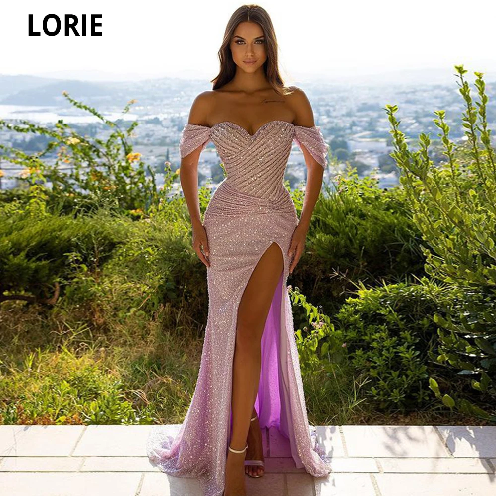 LORIE Sparkly Arabic Sweetheart Evening Dress Bling Bling Pink Sequin Sexy Split Prom Dresses Evening Party Gowns Customized