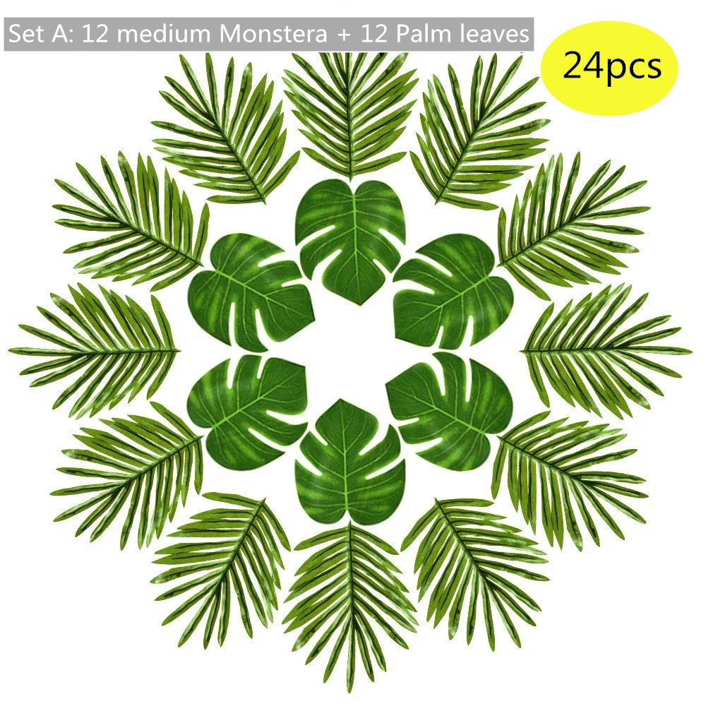 1 Set Monstera Plus Palm Leaves Hawaii Party 24PC/36PC/48PC Plastic Artificial Tropical Plant Leaves For Table Home Garden Decor