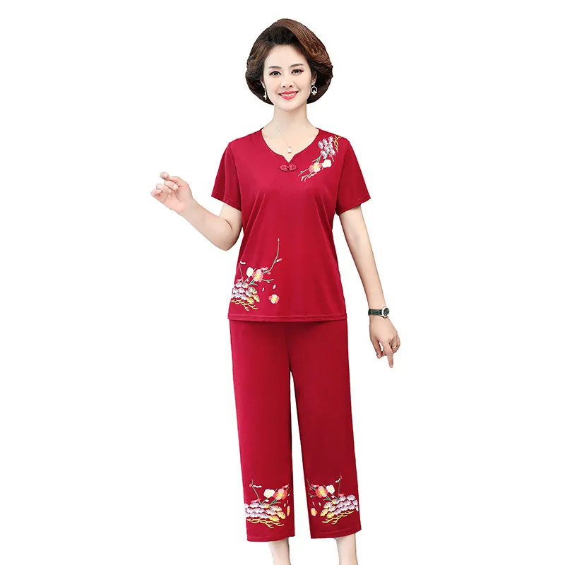 

Summer O Neck Two Piece Set Womens Vintage print Short Sleeve T-shirt & Pants Sets Middle-aged Loose Tracksuit