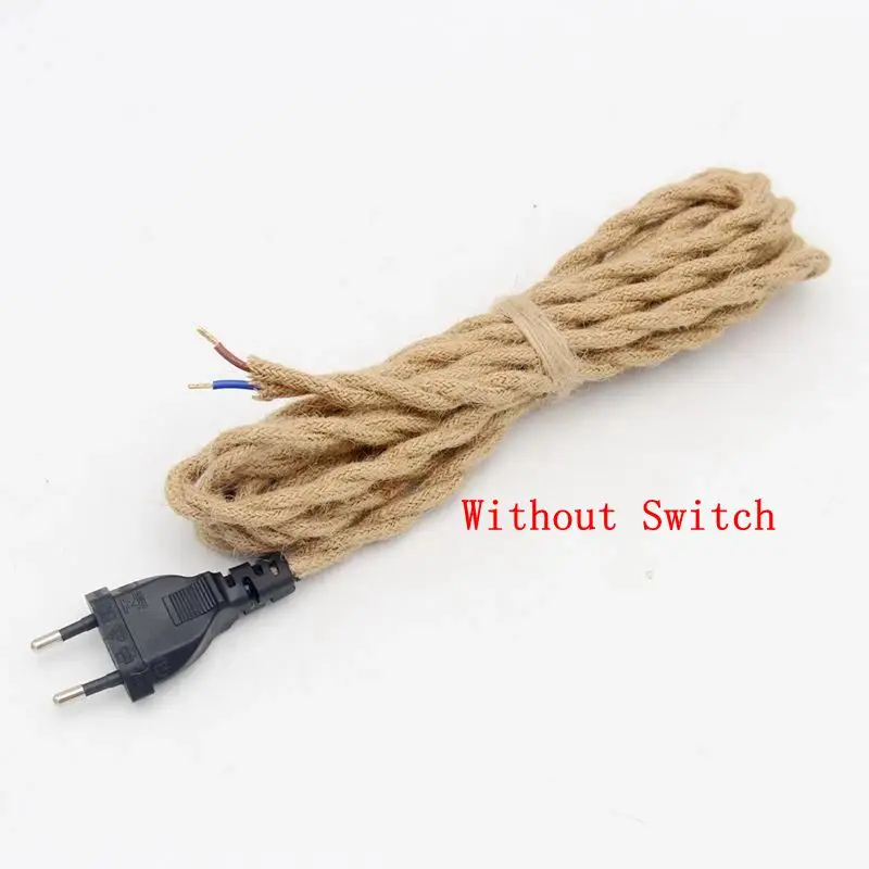 220V AC Euro Plug Power Cord Vintage Hemp Jute Rope Braided Covered With On/off  Switch 2 Meters Long For Wall Lamp Cords Cable