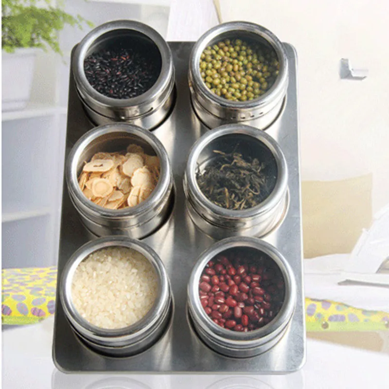 Hot Sale 6 Pcs Stainless Steel Magnetic Salt shaker salt Pepper Set spice Cruet Condiment Box Cooking Seasoning Bottle Tools