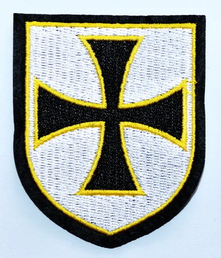 100x CROSS CHRIST KNIGHTS TEMPLAR SHIELD Black White Yellow CHRISTIAN Logo iron on PATCH (≈ 5.7 * 7 cm)