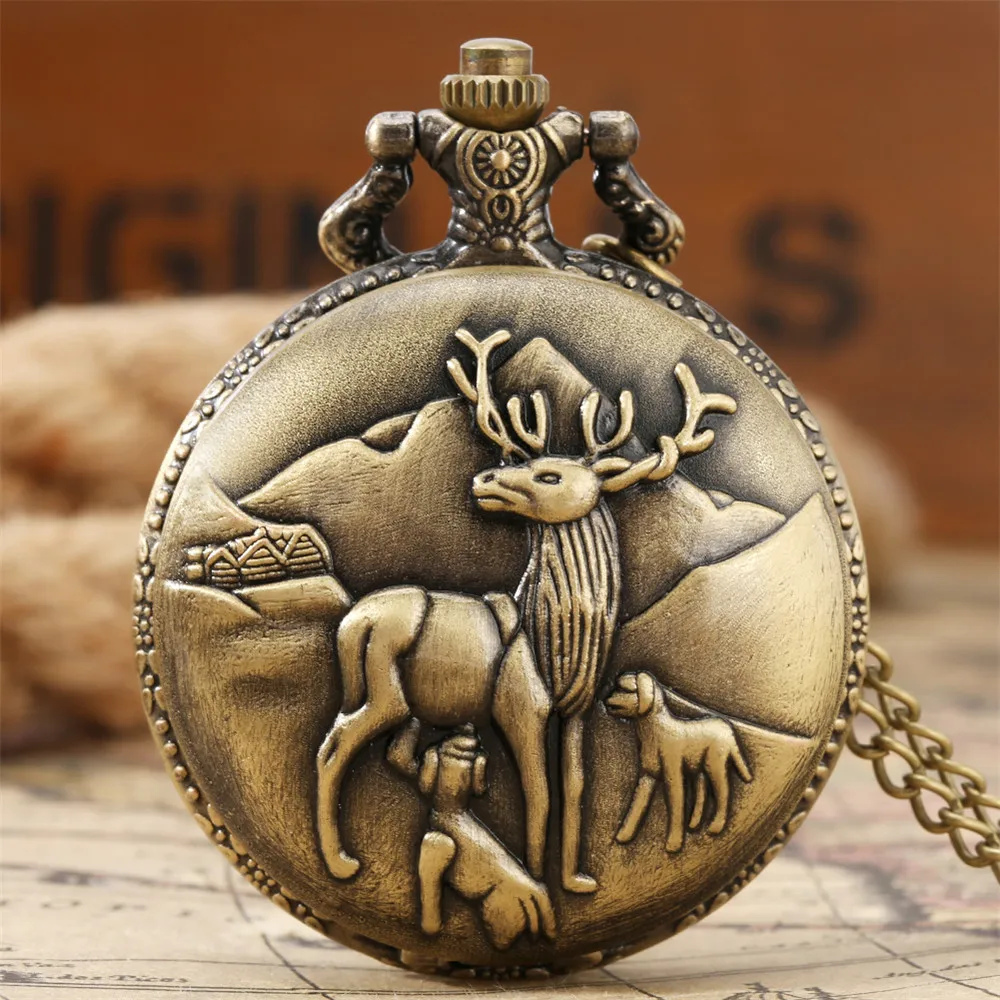 Bronze Lovely Elk สร้อยคอควอตซ์นาฬิกาพ็อกเก็ตนาฬิกาจี้โบราณ Full Hunter Chain นาฬิกาของขวัญ Reloj De Bolsillo