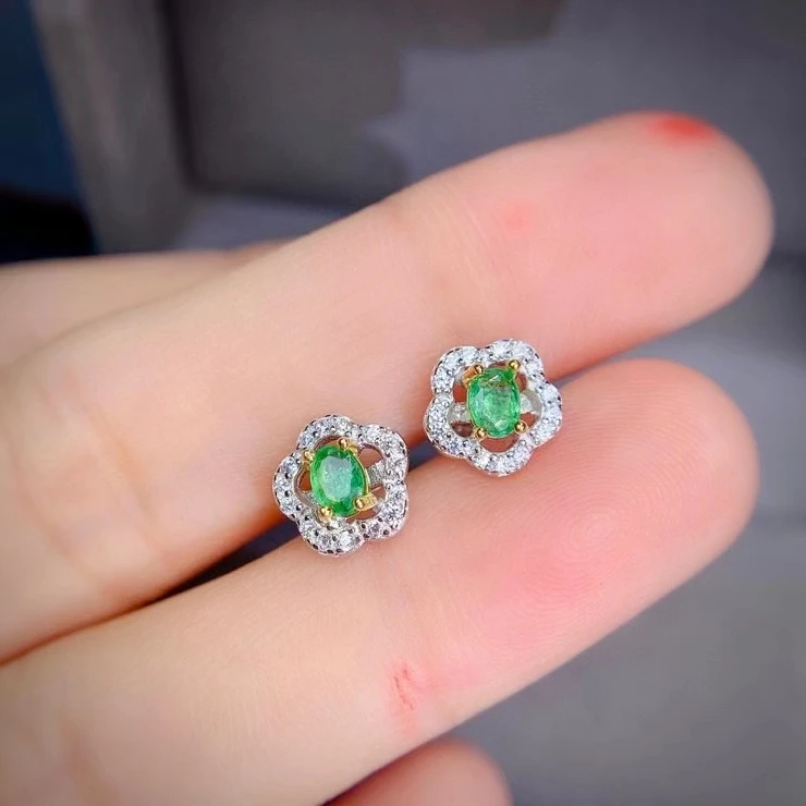 KJJEAXCMY 925 sterling silver inlaid natural emerald Girl's small and fresh Chinese style flower gemstone earring support test