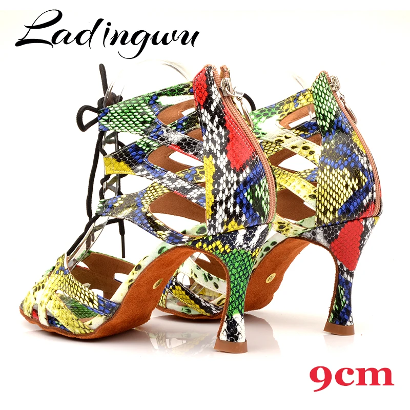 Ladingwu Ladingwu Dance Shoes Trend Snake texture Salsa Dance Shoes Women\'s Latin Shoes Dance Boots Wide and narrow adjustment