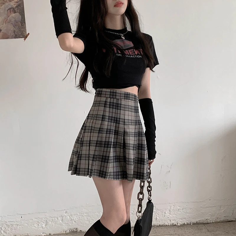 Summer Women's Dress 2021 Plaid Skirt Black High-Waisted Skirt Pleated Short Skirts A Word Little Summer Skirt Sweet Mini Skirts