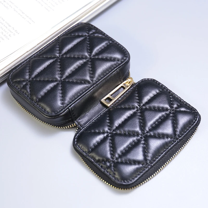 2021 Fashon Lipstick Box Square Travel Genuine Leather Makeup Organizer Case with Mirror Lip Sticks Leather Holder Cosmetic Bag