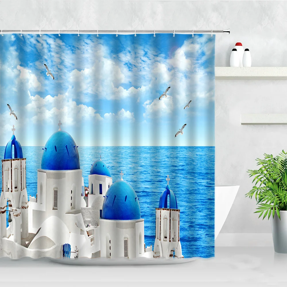 3D Seascape Landscape Shower Curtain Set Blue White Castle Bird Ocean Scenery Home Background Decor Waterproof Bathroom Curtains