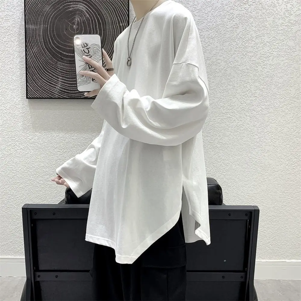 Long Sleeve Men T Shirt Split Long Sleeve O Neck Solid Casual Irregular Tops Korean Fashion Harajuku Retro Vintage Cotton Tops