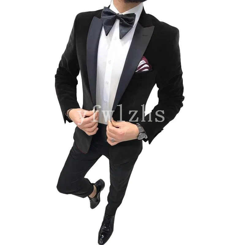 

New Arrival Velveteen Groomsmen Peak Lapel Groom Tuxedos Men Suits Wedding/Prom Best Man Blazer ( Jacket+Pants+Tie) B176