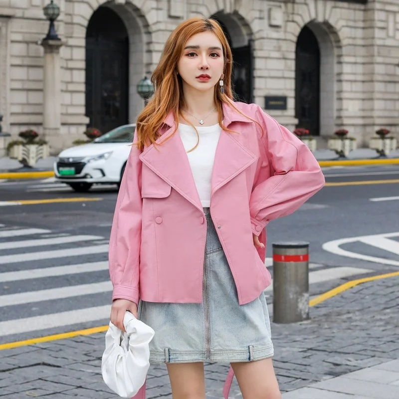 Autumn Spring Women Genuine Leather Short Windbreakers Loose Long Sleeve Outerwear Pink Sheepskin Jacket Casual Biker Coat M-3XL