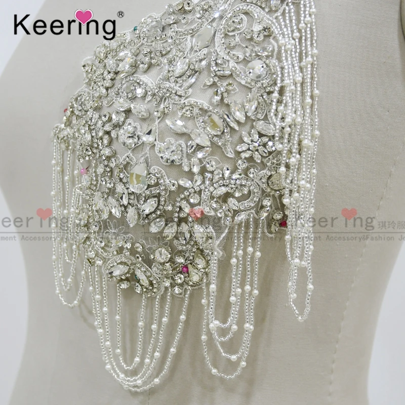 Rhinestone Body Patch fancy embroidery lace for Muslim Head Accessories, Bling Shinestone, Silver Tassel, WDP-321