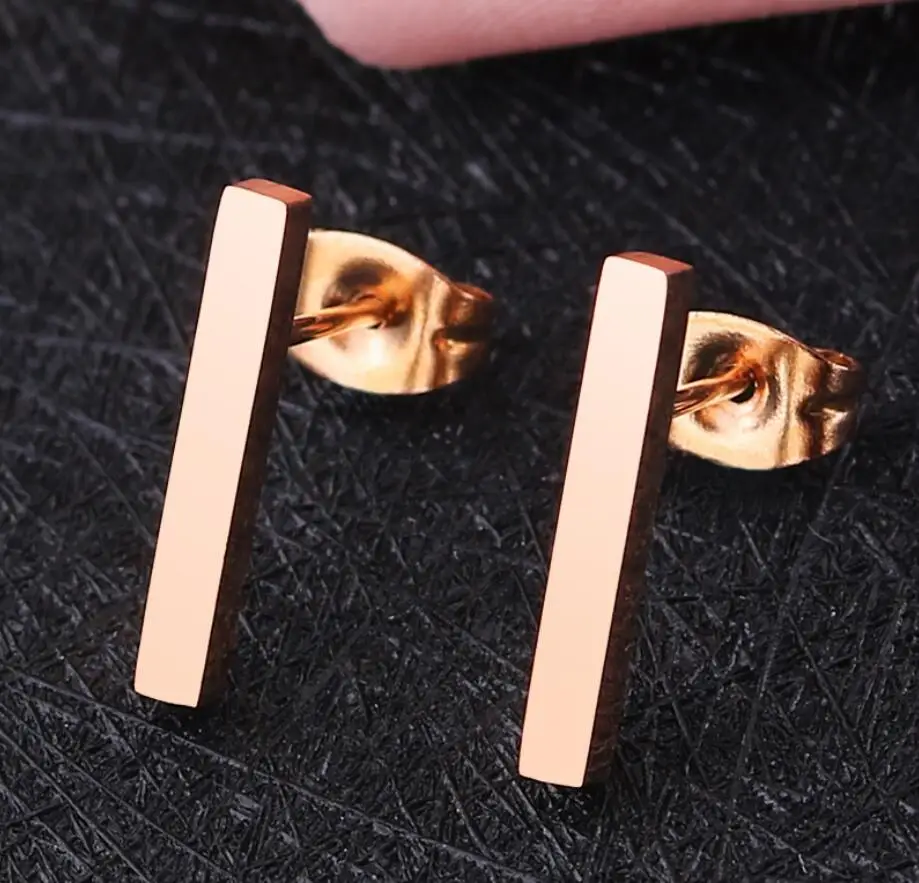 Rose Gold Color Thin Stick Shaped Studs Earrings Stainless Steel Cute Tiny Bar Earings Fashion Jewelry for Women