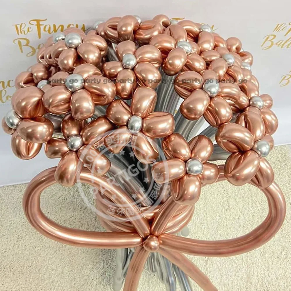 50pcs Magic Long Metallic Balloons DIY Rose Gold Chrome Twisting Strip Ball Selfmade Flower Shape Valentines Gifts Wedding Decor