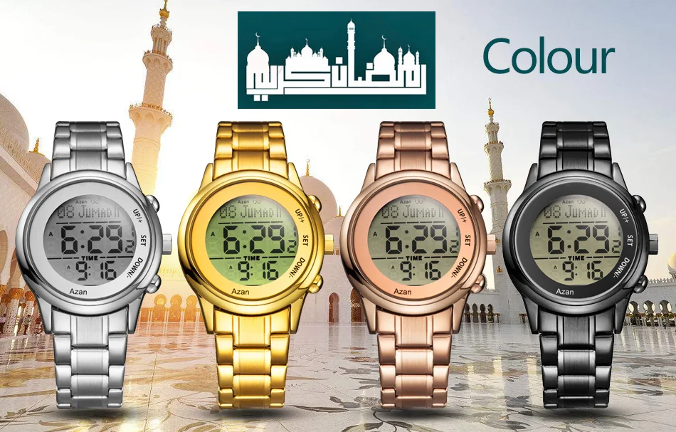 New arrival Stainless Steel Digital Watches arabic Islamic Qibla Direction Al Azan Wrist Watch for Muslim Prayers 6005