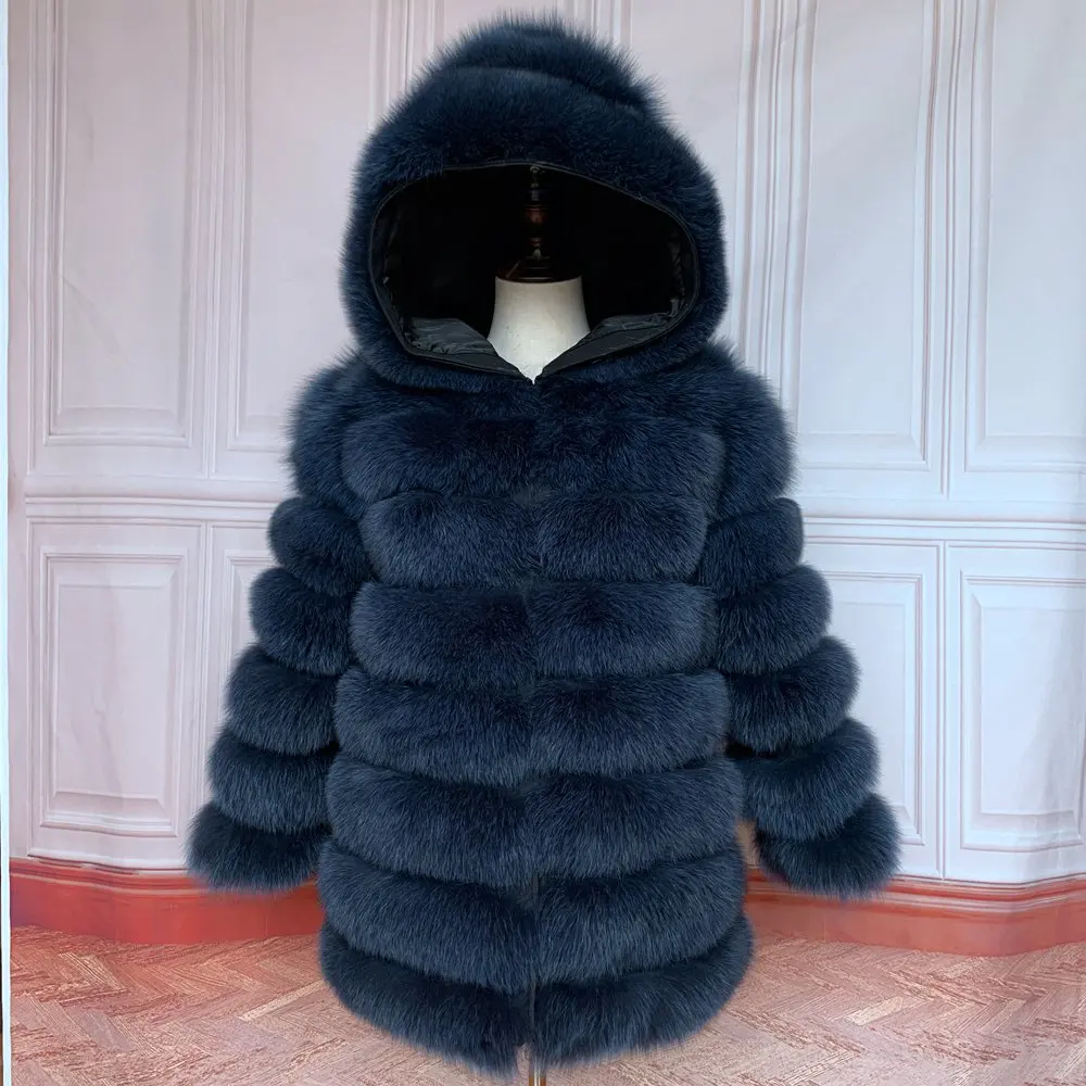 Real Fur Long Coat With Hood Natural Fox Fur Jacket HOOD Plus Size Female High Quality Winter Jacket Real Fur Vests