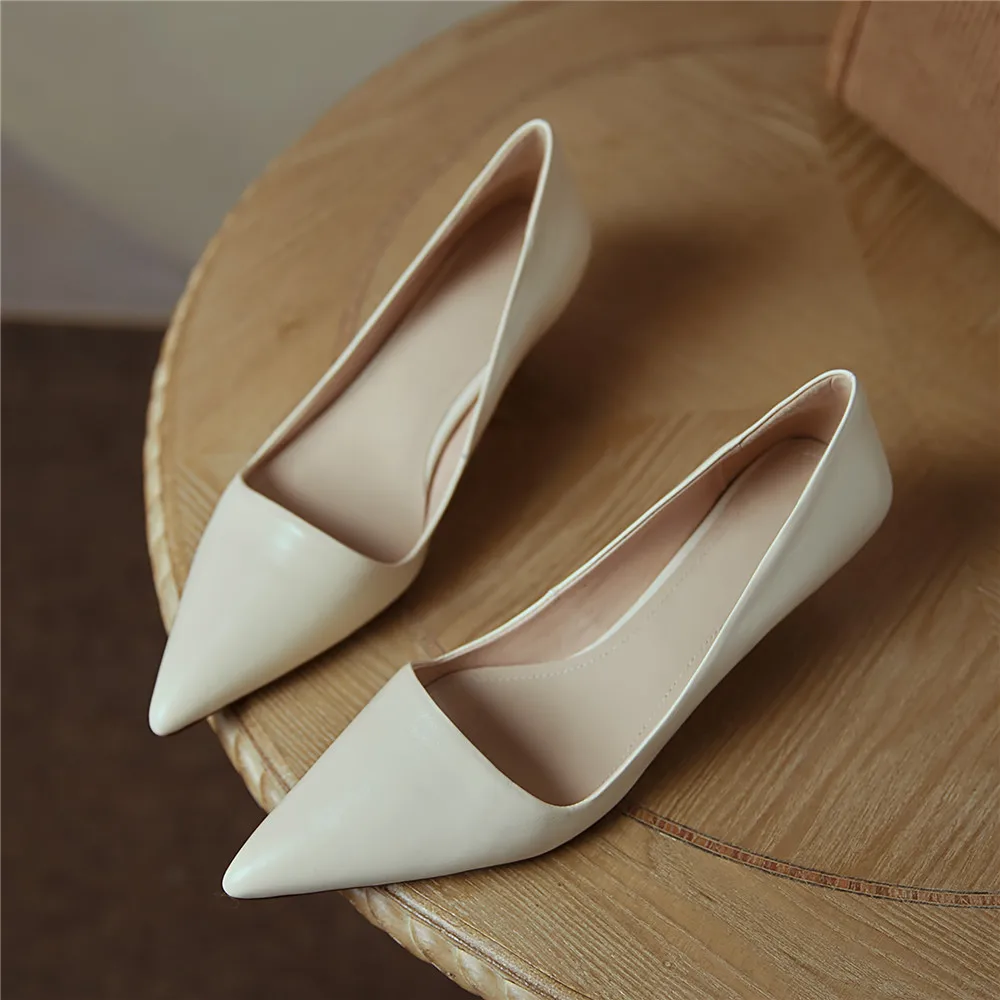 Orignice Sexy Pointed Toe Women Full Genuine Leather Pumps Slip On Solid Color Comfortable Low Thin Heels Dress Party Shoes