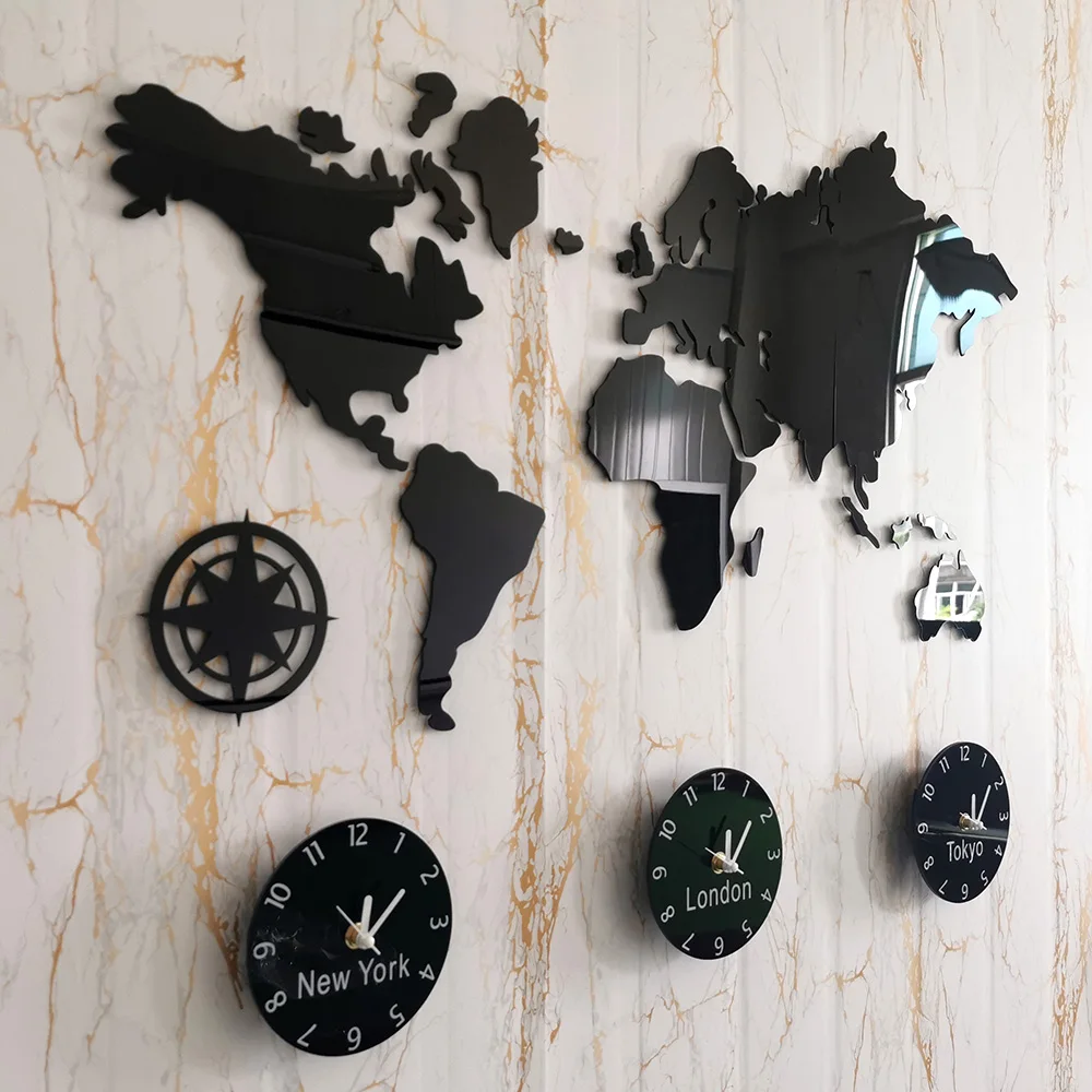 World Map Large Wall Clock New York London Tokyo Personalized Time Zone Silent Non Ticking Wall Clock Office Geographic Wall Art