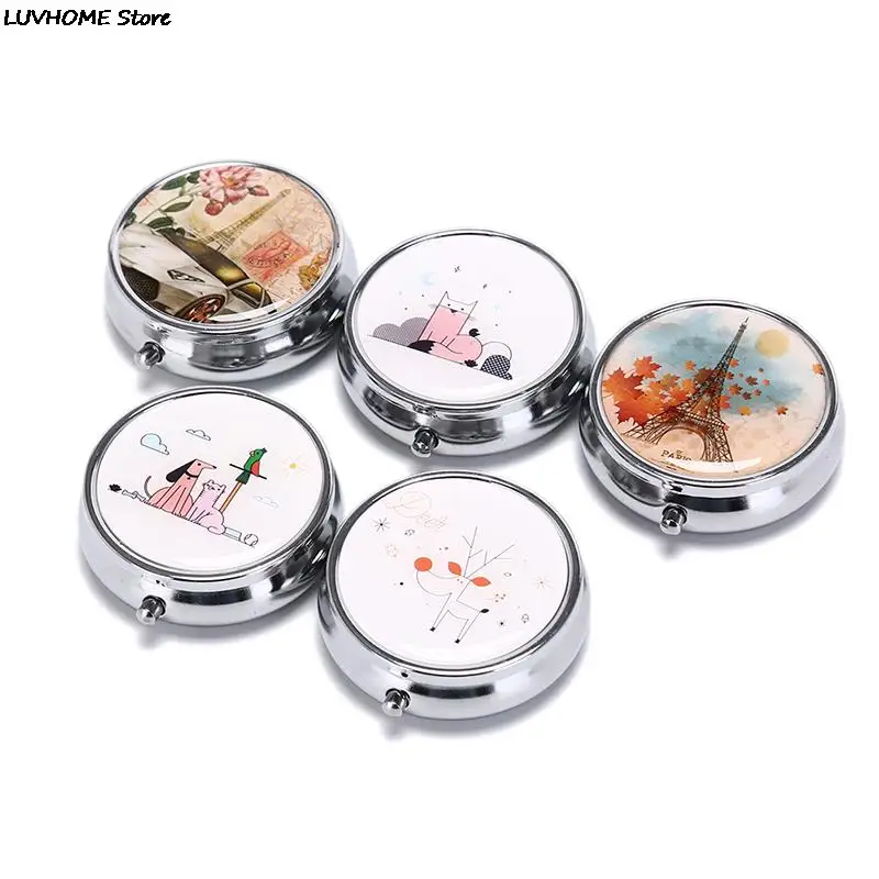 1PCS Portable Metal Round Flower Print Organizer Cute Compartment Pill Case Divid Storage Tablet Container Medicine Box