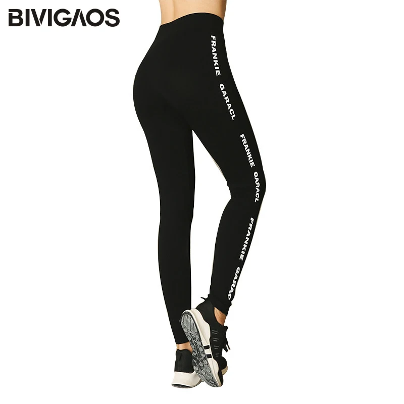 BIVIGAOS Spring Autumn Modal High Elastic Letters Fashion Workout Leggings Sports Rhythm Printing Sexy Black Leggings For Women