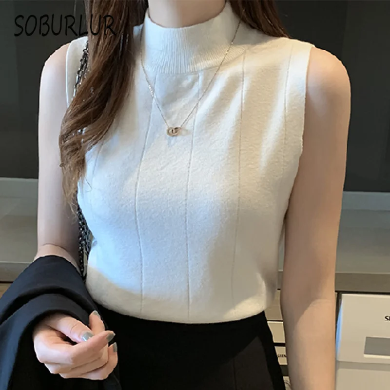 SOBURLUR 2021 New O-neck Knitted Vest Women's Sweater Korean Loose Wild Pullover Sweater Vest Sleeveless T-shirts Basic Top Tee