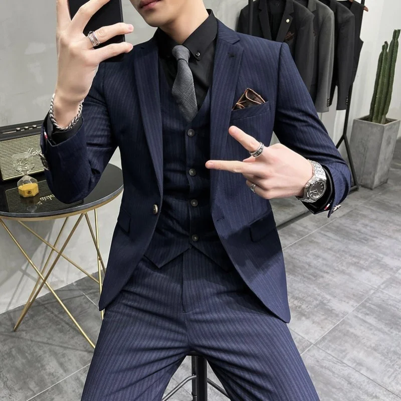 Formal Men 3PCS Set Blazer Vest Pants Wedding Groom Dress Suits Slim Fit Vintage Striped Office Work Man Sets Costume Homme