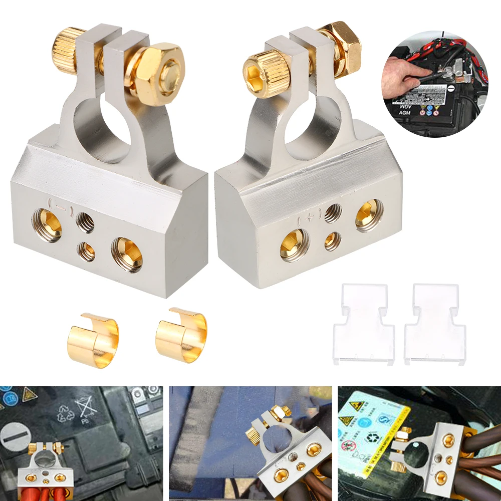 2Pcs Car Battery Terminal Connectors Car Modified Battery Head Positive Negative With 2 Clear Covers Shims 0/2/4/8/10 Gauge