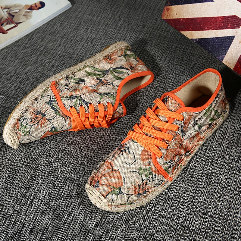 New Fashion Orange Lovers Men Loafers Flats Flower Print Men Casual Shoes Linen Breathable Men Driving Shoes mocasines de hombre