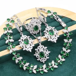 Green Emerald 925 Sterling Silver Jewelry set for Women Wedding Party Bracelet Earrings Necklace pendant Ring Birthday Gift