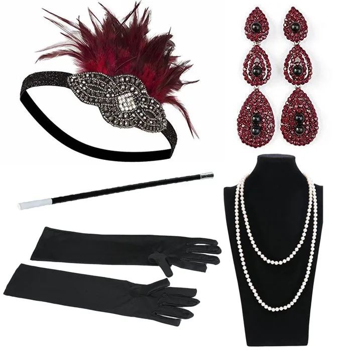 

5Pcs/set 1920S Headband Set Ladies The Great Gatsby Vintage Style Banquet Party Temperament Necklace Gloves Hair Accessories Set