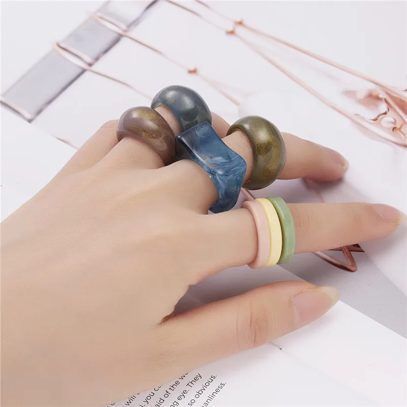 5Pcs 7Pcs Set New Ins Colorful Transparent Resin Acrylic Geometric Irregular Square Rings Sets For Women Travel Jewelry
