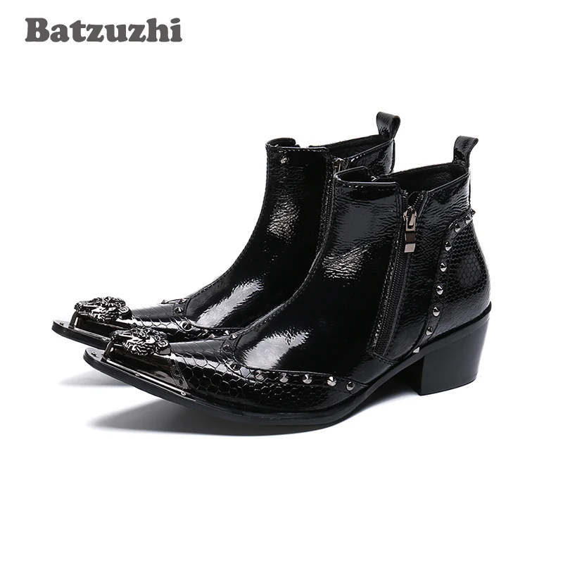 Batzuzhi Fashion Men's Boots Metal Pointed Tip Black Genuine Leather Ankle Boots Zip Business Dress Boot Party, Size 38-47