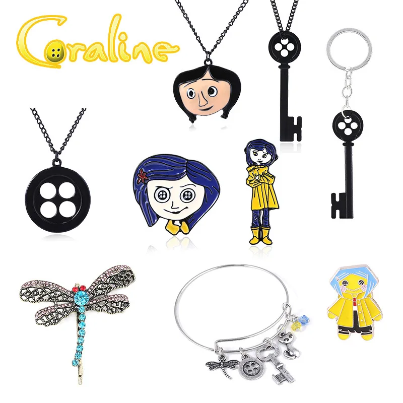 Coraline Zien Stone Ketting Handgemaakte Touw Ketting Green Looking Stone Skeleton Key Hanger Ketting Dragonfly Haar Pin Sieraden