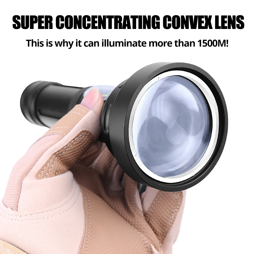 LED Flashlight with Lighting Distance Over 1500 Meters Use Large Convex Lens Waterproof Aluminum Alloy Searchlight