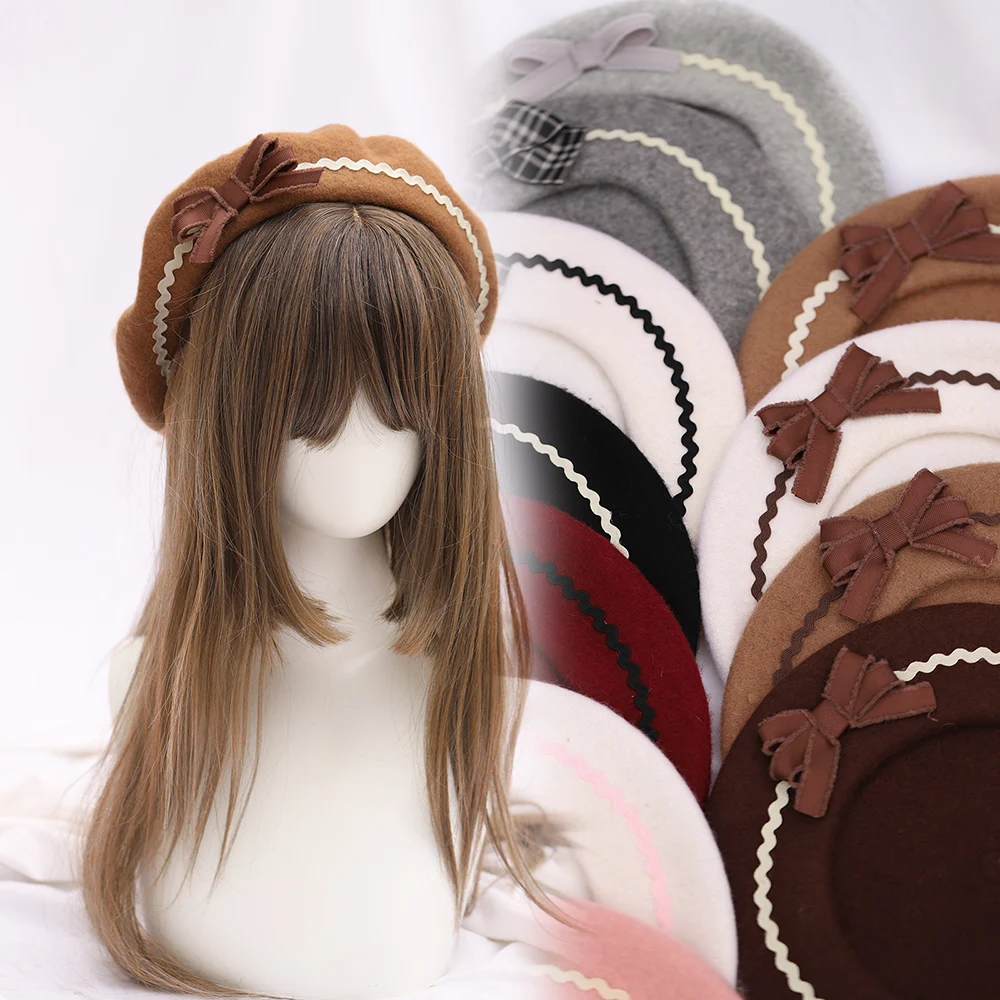 Lolita hand made manually bowknot beret Japanese lady multicolor joker wavy grain buds cap baked wheat cake cap