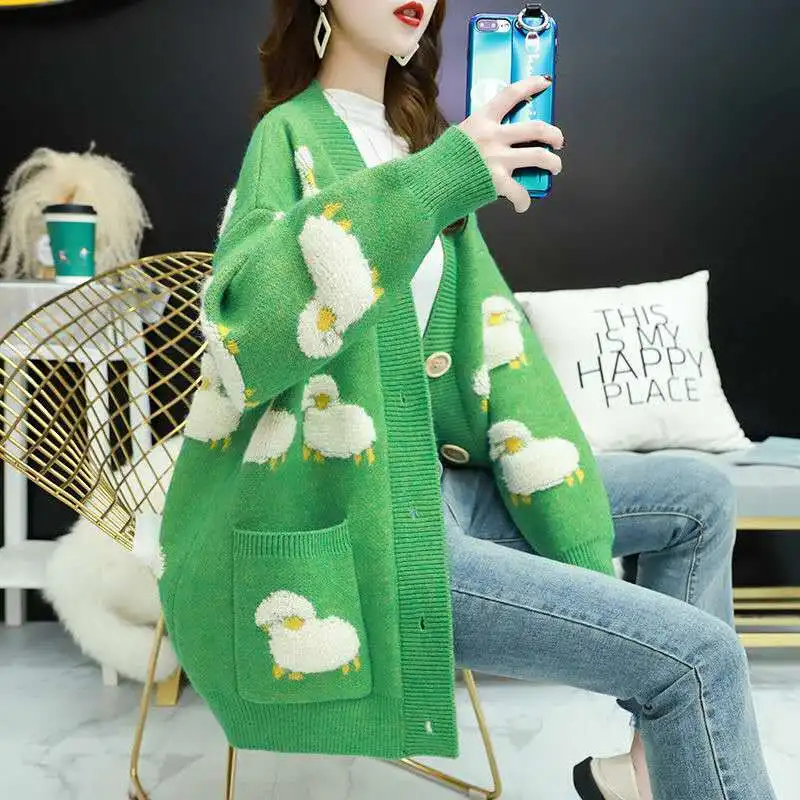 2021 Lamb Pattern Green Autumn Knitted Female  Loose Streetwear  Sweater Coat Cute Cartoon V Neck Knitted Cardigan Women