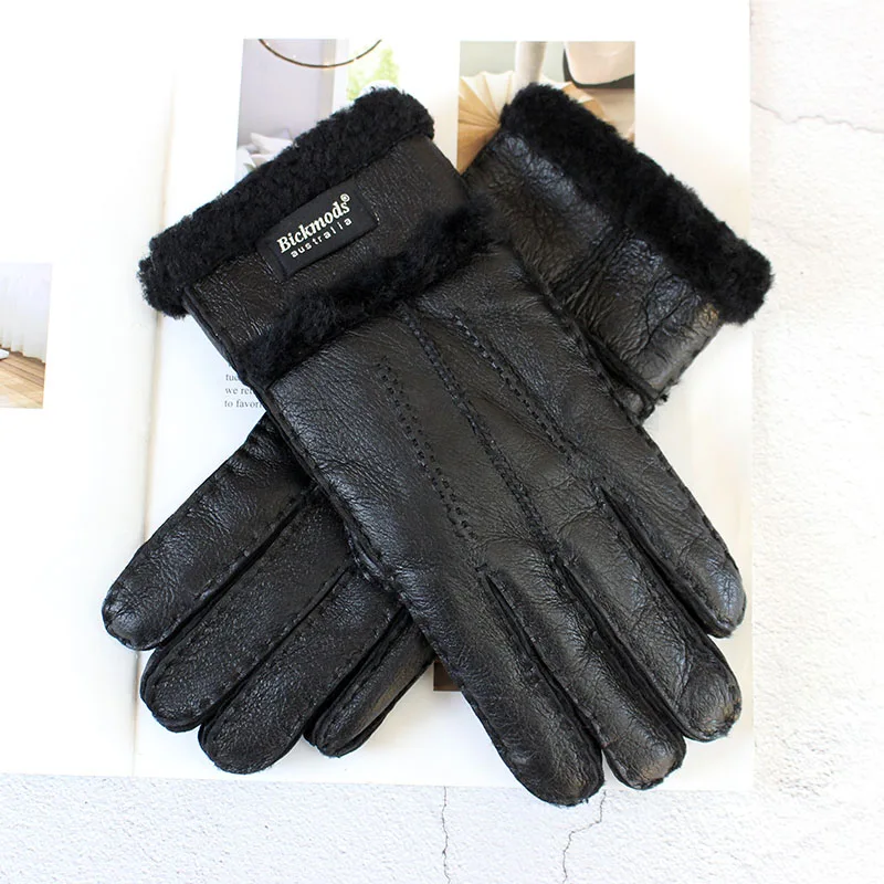 Gants multicolores en cuir et fourrure de mouton pour femmes, mitaines cousues à la main, style optique, laine chaude, hiver