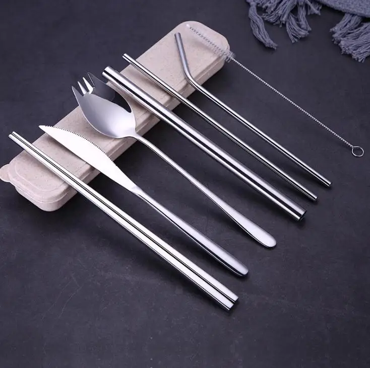 304 Stainless Steel Cutlery Fork And Spoon With Environmental Protection Straw Cleaning Brush Set Gift Dhl Wholesale