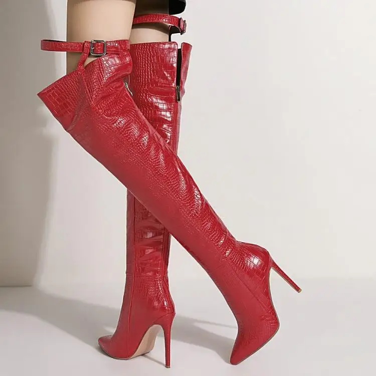 Fashion Thigh High metal Buckle Belt Over The Knee Boots Alligator Leather Motorcycle Boots Pointed Toe Women Club Long Boots