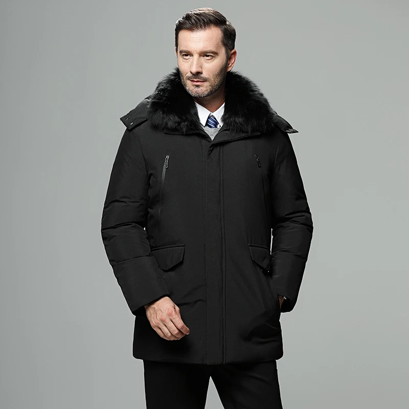Brand formal down jacket male thick long dad grandpa coat for the work real rabbit fur big collar hooded warm coat business man
